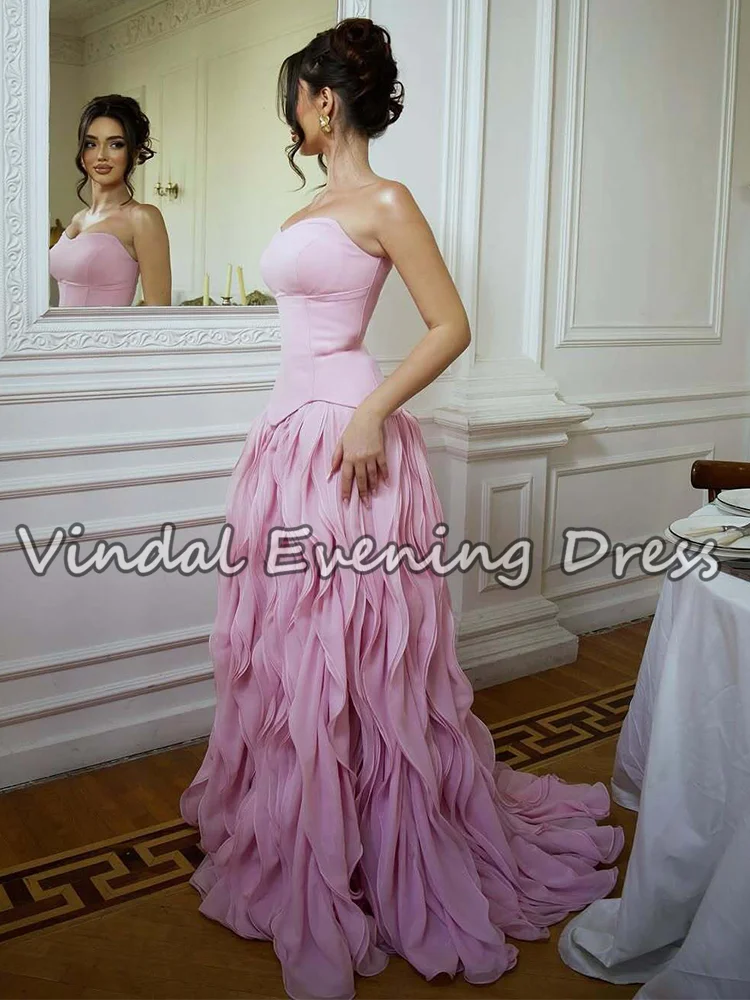 فستان حفلة موسيقية من Vindal باللون الوردي الكشكشة من الشيفون بدون حمالات على شكل حرف A فستان سهرة للنساء فستان حفل المشاهير مخصص #2