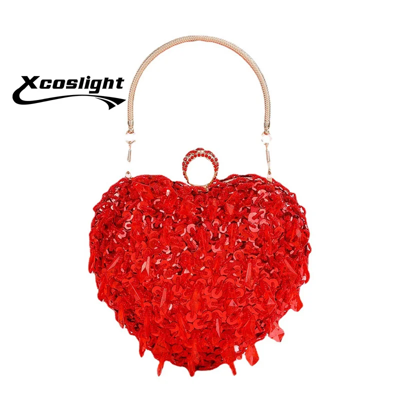 2023 Hot Red Woman Love Heart Bags Luxury Designer Shining Marriage Casual Lady Party Evening Dressing Purse Rich Clutch Bag