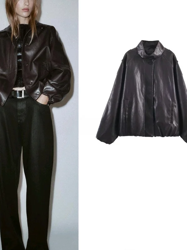 Modny, luźny płaszcz damski ze skóry PU na jesień i zimę, z wysokim kołnierzem, długi, w stylu europejskim, elegancki.