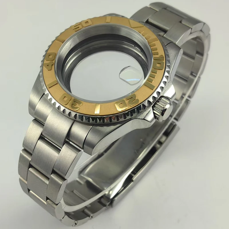 40mm silver case slide lock buckle accessory NH35 sapphire glass gold ceramic bezel NH35/36 movement back transparent glass