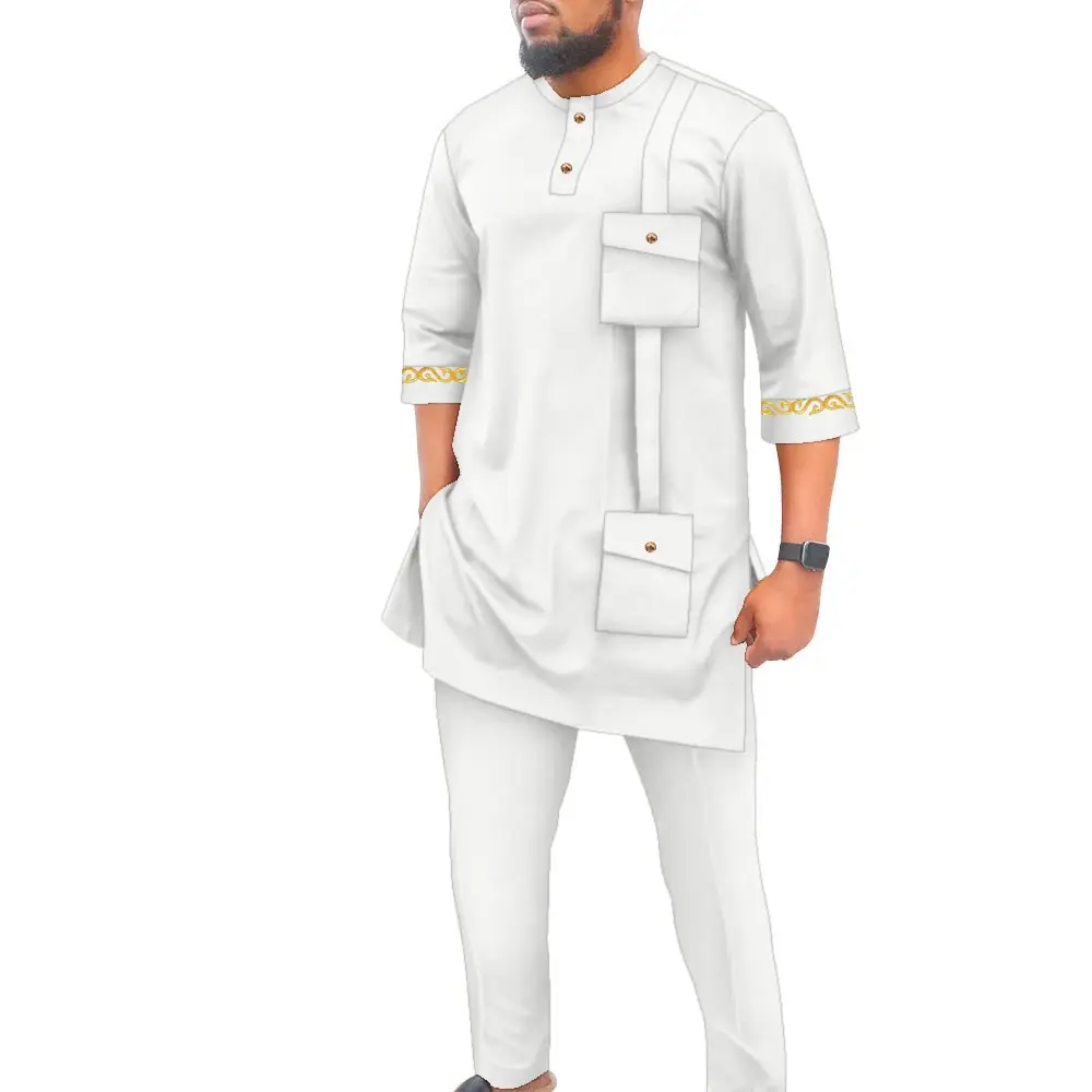 

African Men's Pocket Decoration Set Business Casual Men's Top and Pants Two-piece Set Traditional Clothing WYN1851