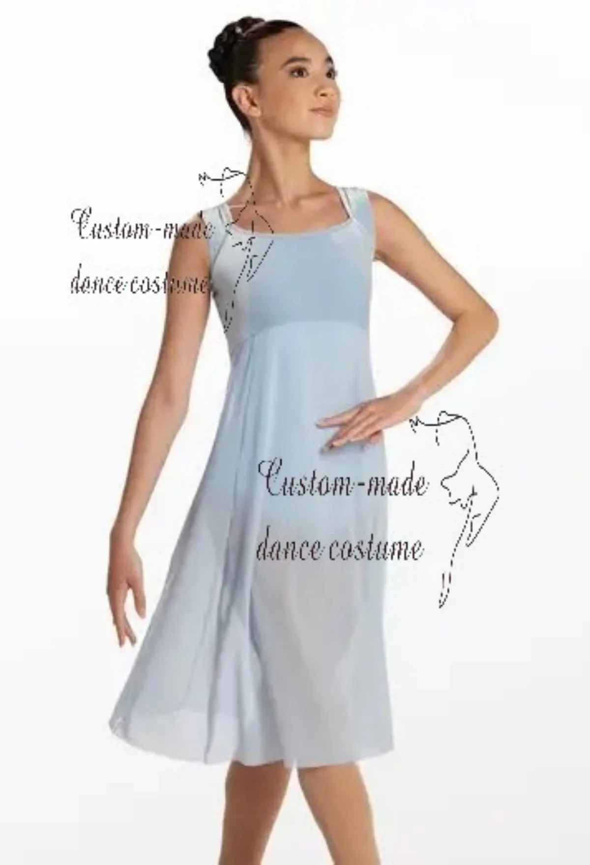 

Women's Light Blue Lyrical Dance Costume, Square Neck Sleeveless Dress with Chiffon Overlay, Custom-Made for Contemporary, Balle