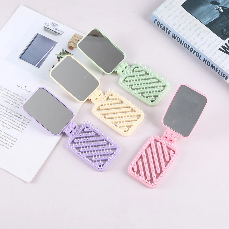 Cepillo de pelo de masaje con espejo, accesorio de estilismo, Mini espejo de bolsillo, peine plegable para niña y mujer, bolsillo cuadrado portátil, pequeño viaje