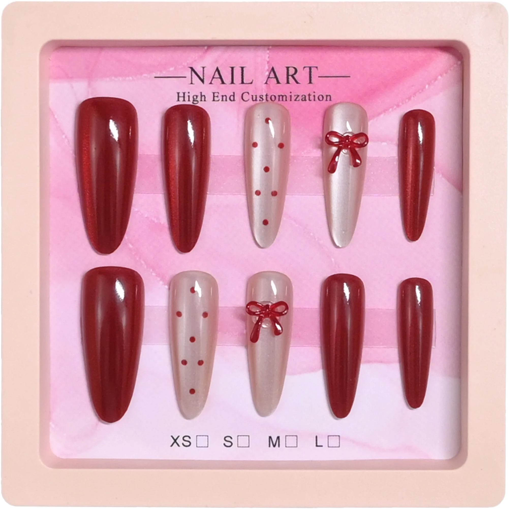 10 handmade stiletto nails in pink gift box. Burgundy cat-eye base with nude polka dots & 3D bows. Reusable, sweet retro style f view 4