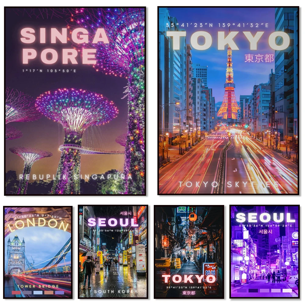 Póster con efecto de luz de neón de Tokio, Séúl, Singapur, Londres, Corea del Sur, País de las Maravillas de Londres, cartel urbano de ciencia ficción plana, poste de viaje