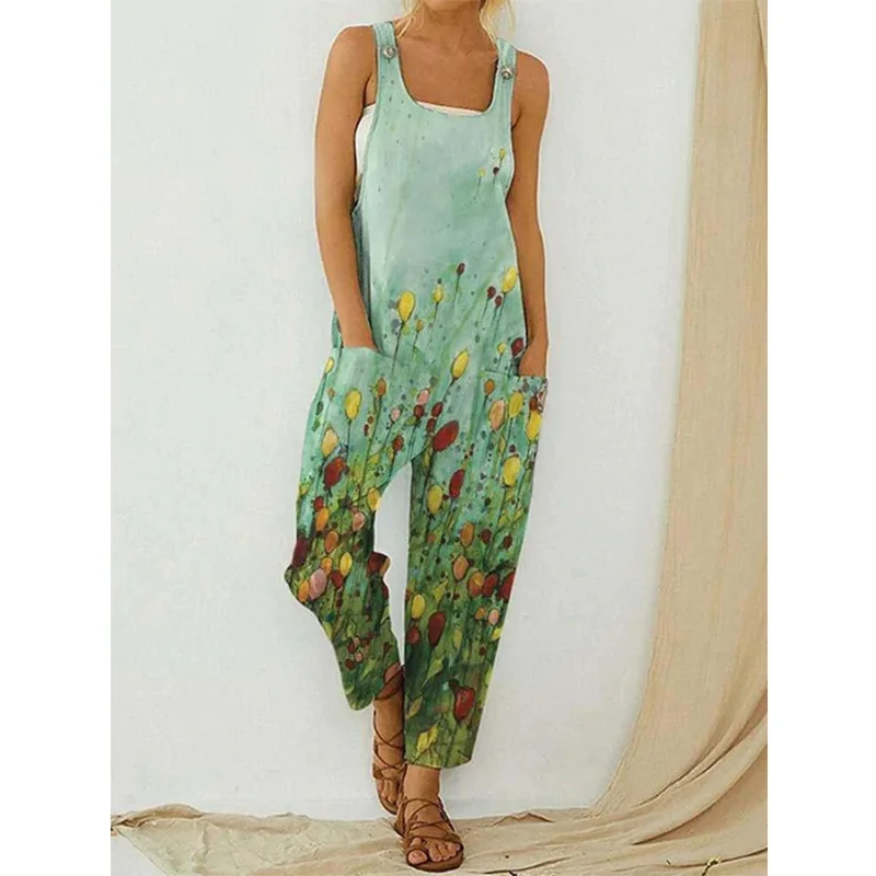 Women's Summer New Collection Women's Foreign Trade Retro Abstract Printed Women's Strap Large jumpsuit