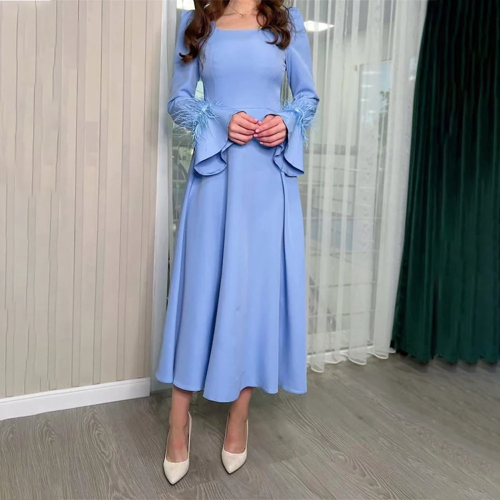 Long Sleeve Ruffles A-line Prom Gown Tea-Length Feathers Square Neck Evening Dresses Vintage Solid Color Party Dress