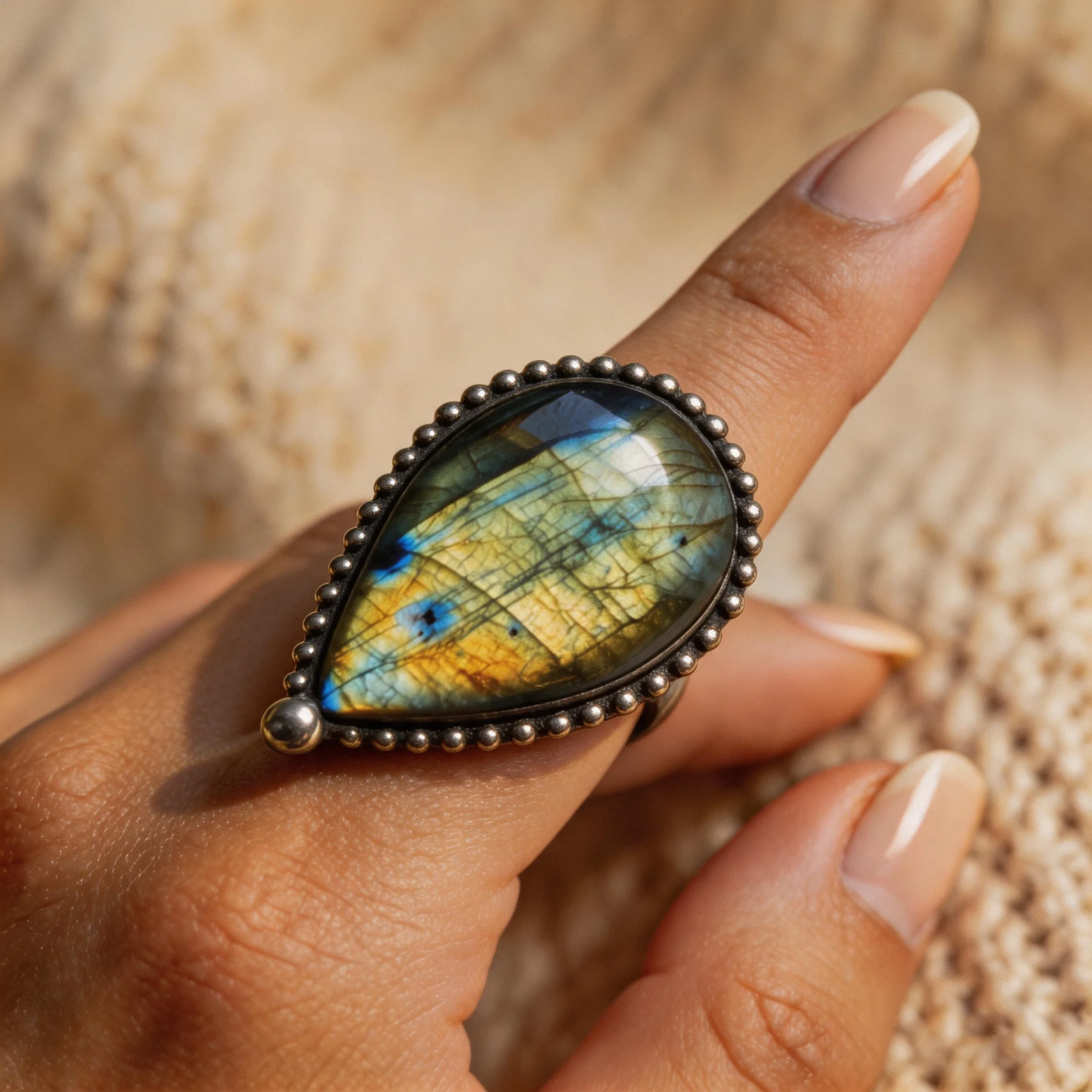 Adjustable Tear Drop Labradorite Ring, Flash Stone with Blue Green Fire, Handmade Soldered Bezel & Oxidized Antique Silver Plate