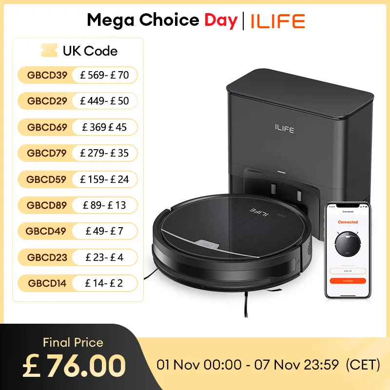 Ilife V9Pro Robot Vacuum, Self-Emptying, 3000Pa Strong Suction, Gyro Navigation, Schedule, App/Alexa Control, for Pet Hair
