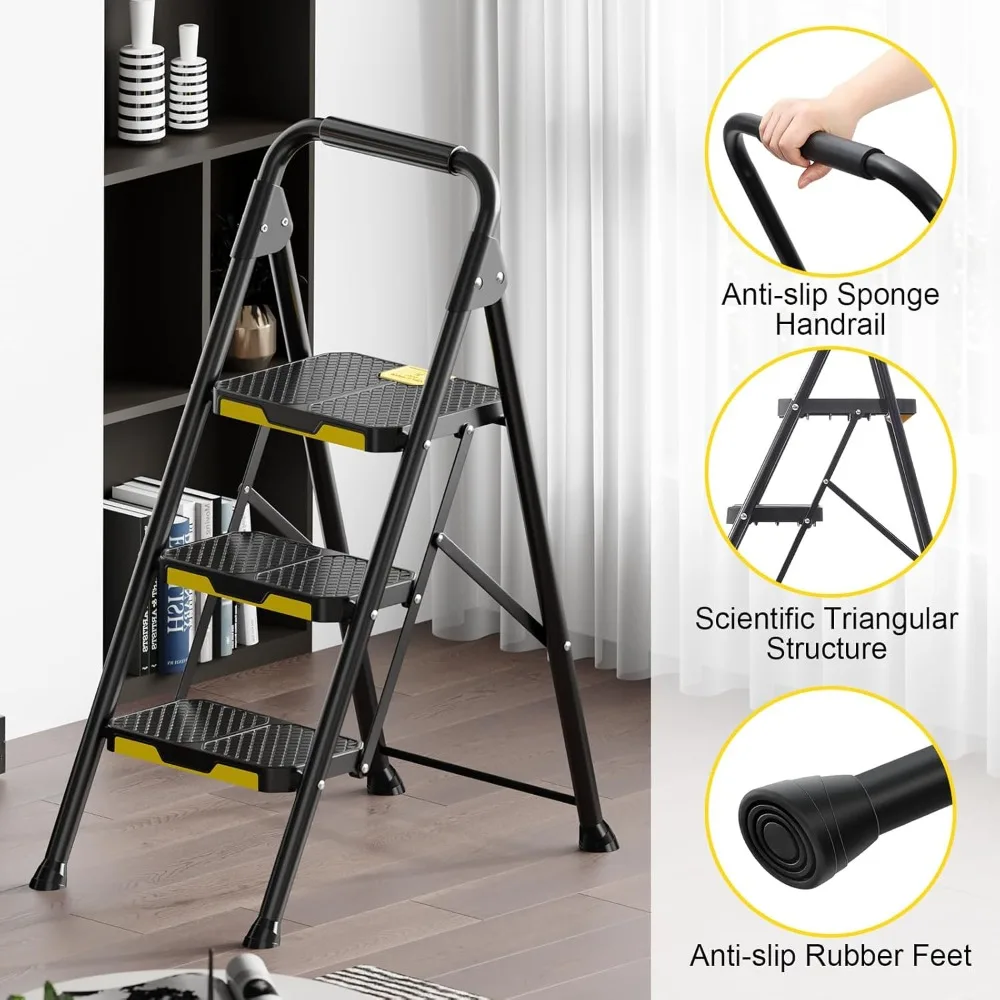 3-traps ladder, stevige stalen opstapkruk met veilig vergrendeld ontwerp, leuning, antislip brede pedalen, laad testen van 800 lbs