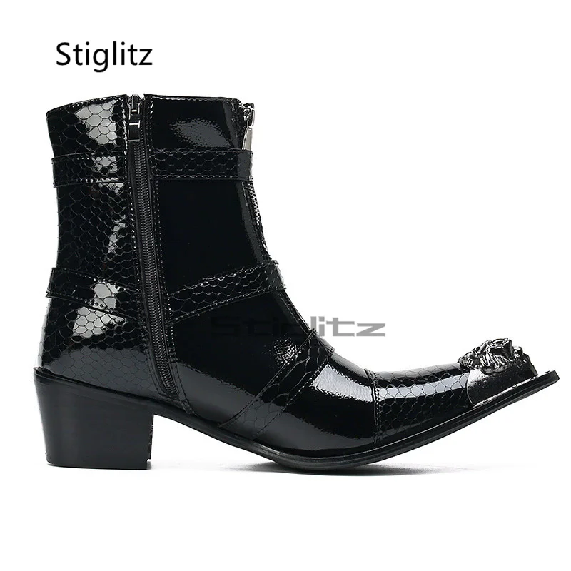 Men's Belt Buckle Patent Leather Chelsea Boots Black Business High Heels Ankle Boots Metal Pointed Toe Genuine Handmade Shoes - view 5