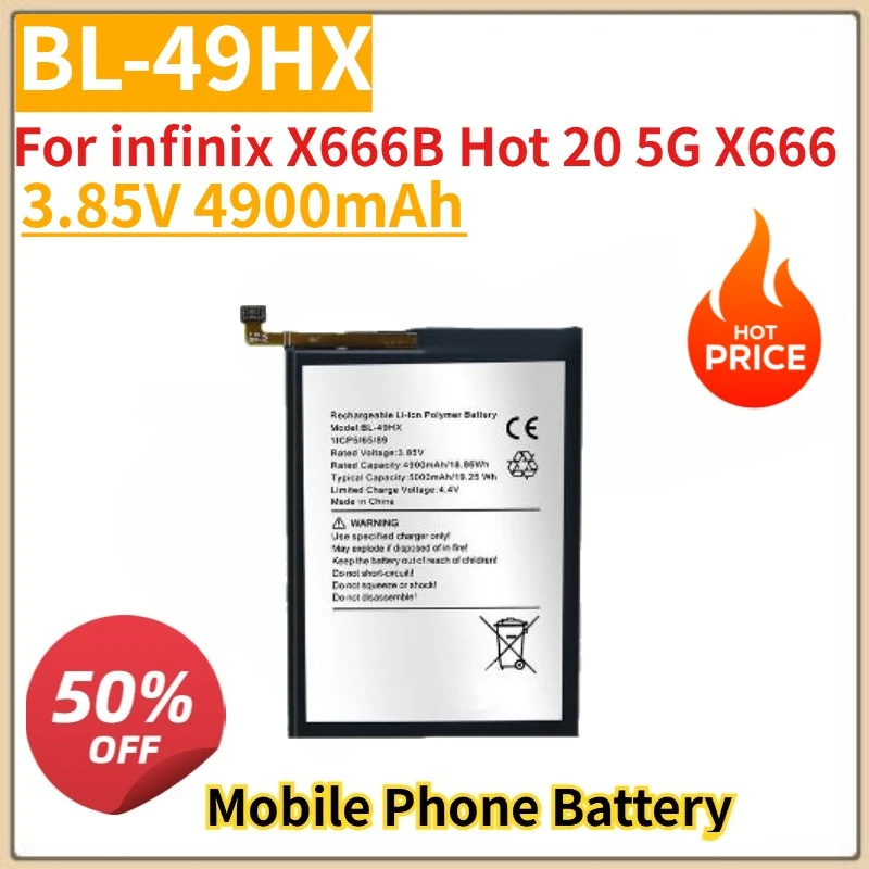 

Новый высококачественный аккумулятор для мобильного телефона BL-49HX 3,85 В 4900 мАч для infinix X666B Hot 20 5G X666, сменный аккумулятор