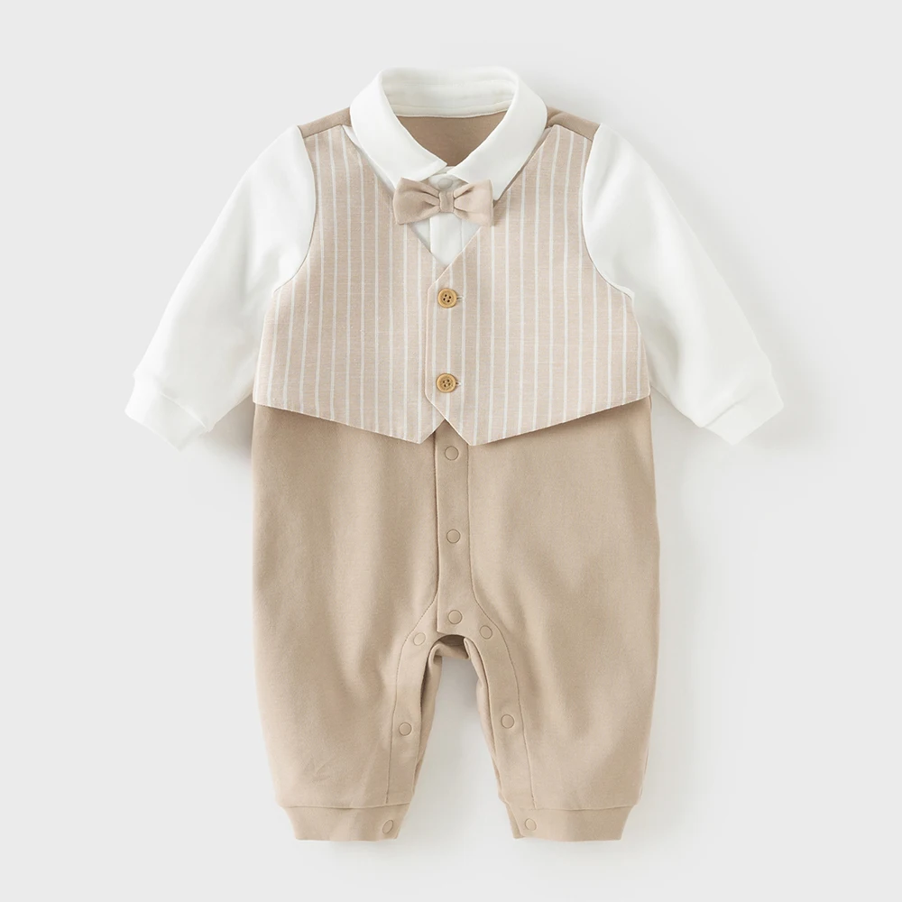 Dave Bella Baby Spring Long Sleeve Jumpsuit Boys Stripe Fake Two-pieces Romper Cotton Newborn Creeper Clothes DB1262005