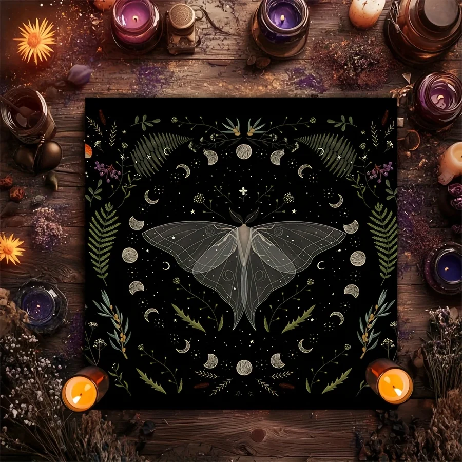 

Mysterious Moon Phase Moth And Floral Tablecloth Square Durable Fabric For Altar Pendulum Magic Rune Mystical Decoration