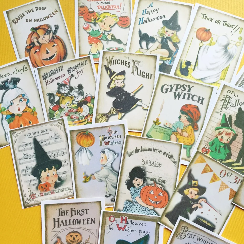 Pack of 18 Vintage Halloween Stickers Handmade Craft Witch Pumpkin Spooky Decals for Journal, Planner, Laptop, Water Bottle