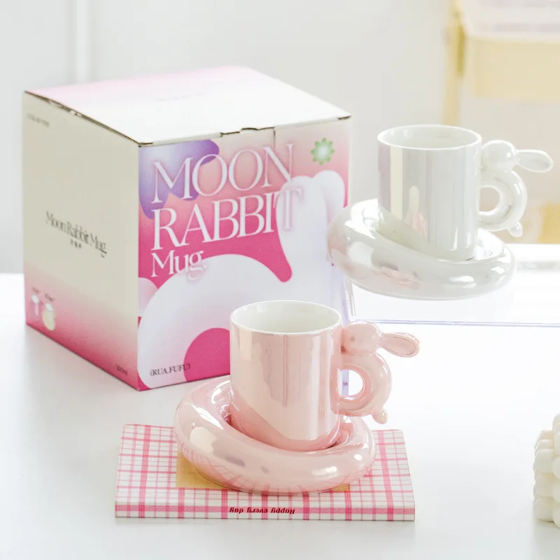 Pearl light luxury moon rabbit ceramic coffee cup saucer high value afternoon tea drinking cup mug household souvenir