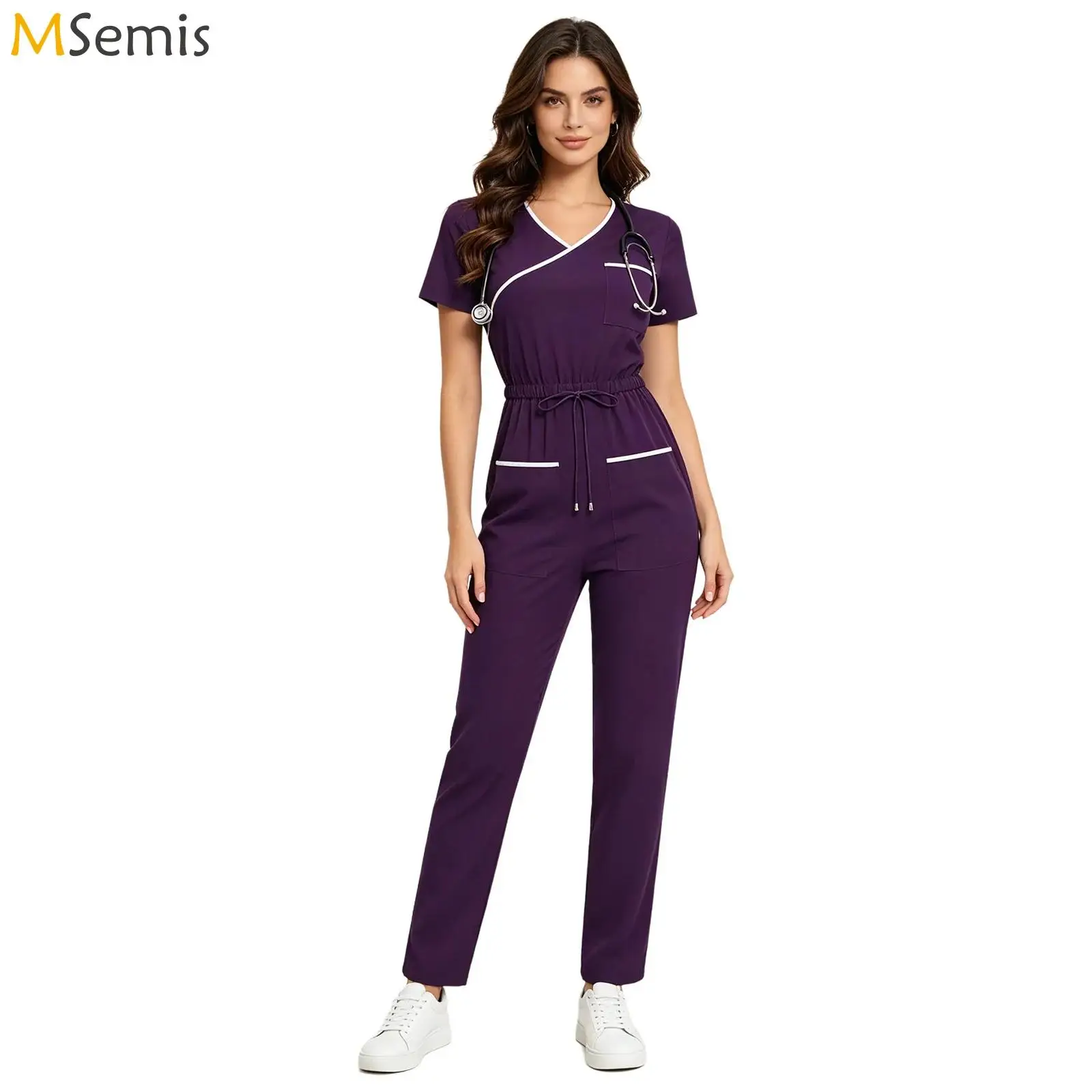 

Женский медицинский комбинезон с завязками на талии, рабочая униформа, длинные брюки, спецодежда для медсестер, комбинезон с молнией сзади, костюм-ромпер