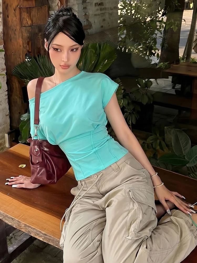 Nibber Off-Shoulder Fashion Skew Collar T-Shirt Women Trend Simple Short Sleeve Patchwork Stretch Casuals Chic High Street Tees