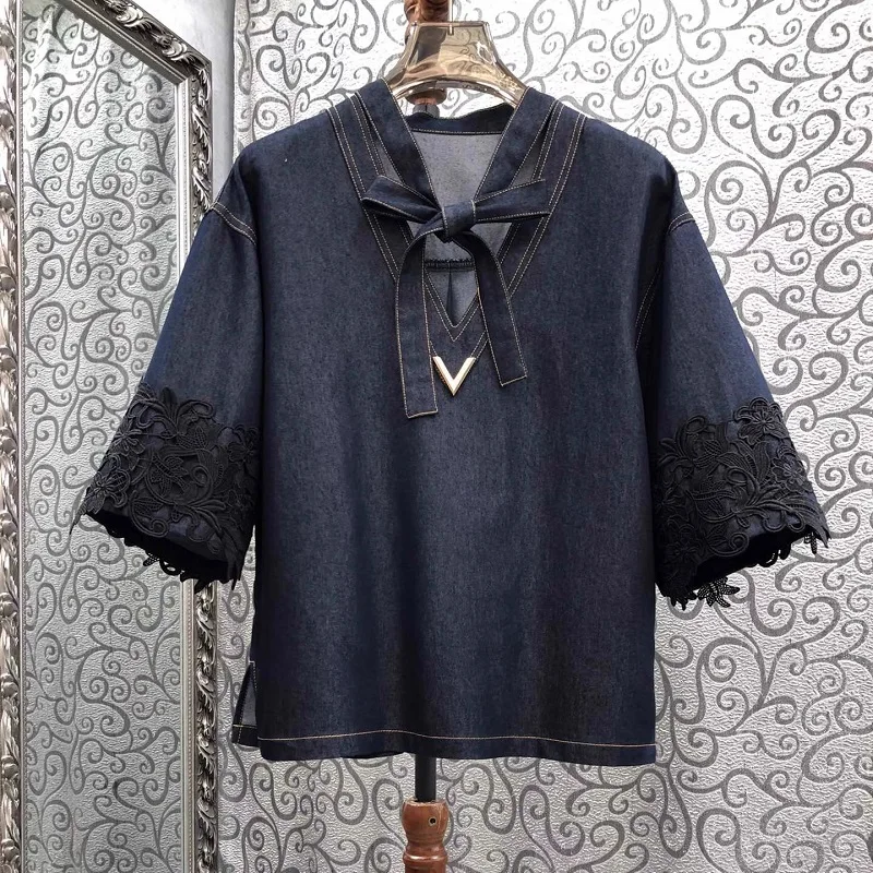 High Quality Denim Blouses 2025 Spring Tops Women V-Neck Lace Embroidery Lace Embroidery Half Sleeve Casual Blue Jeans Blouse