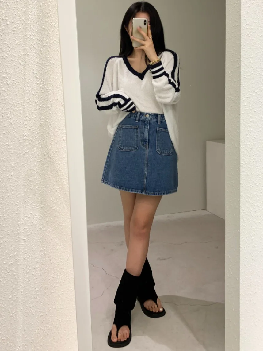 

Slimming Effect Loose Fit V-Ne Long Sve Knitwear Women's Sle Thin Design Autumn Faionable Trendy Top for Small Figures