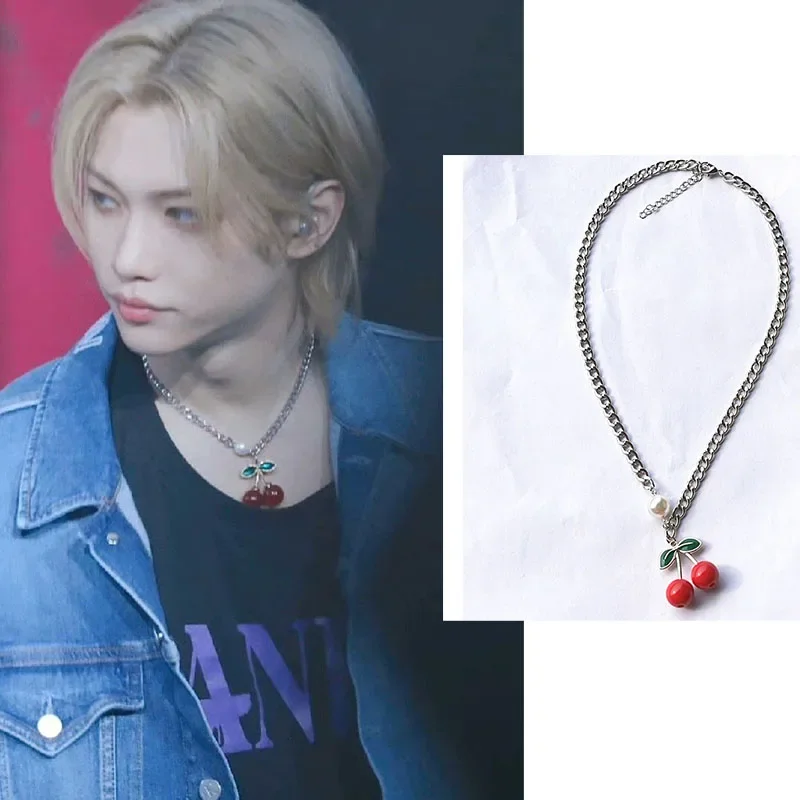 Korean Combination Felix Kim Seung-min Golden Cherry Necklace Men's Pearl Chain Accessories 2023 New