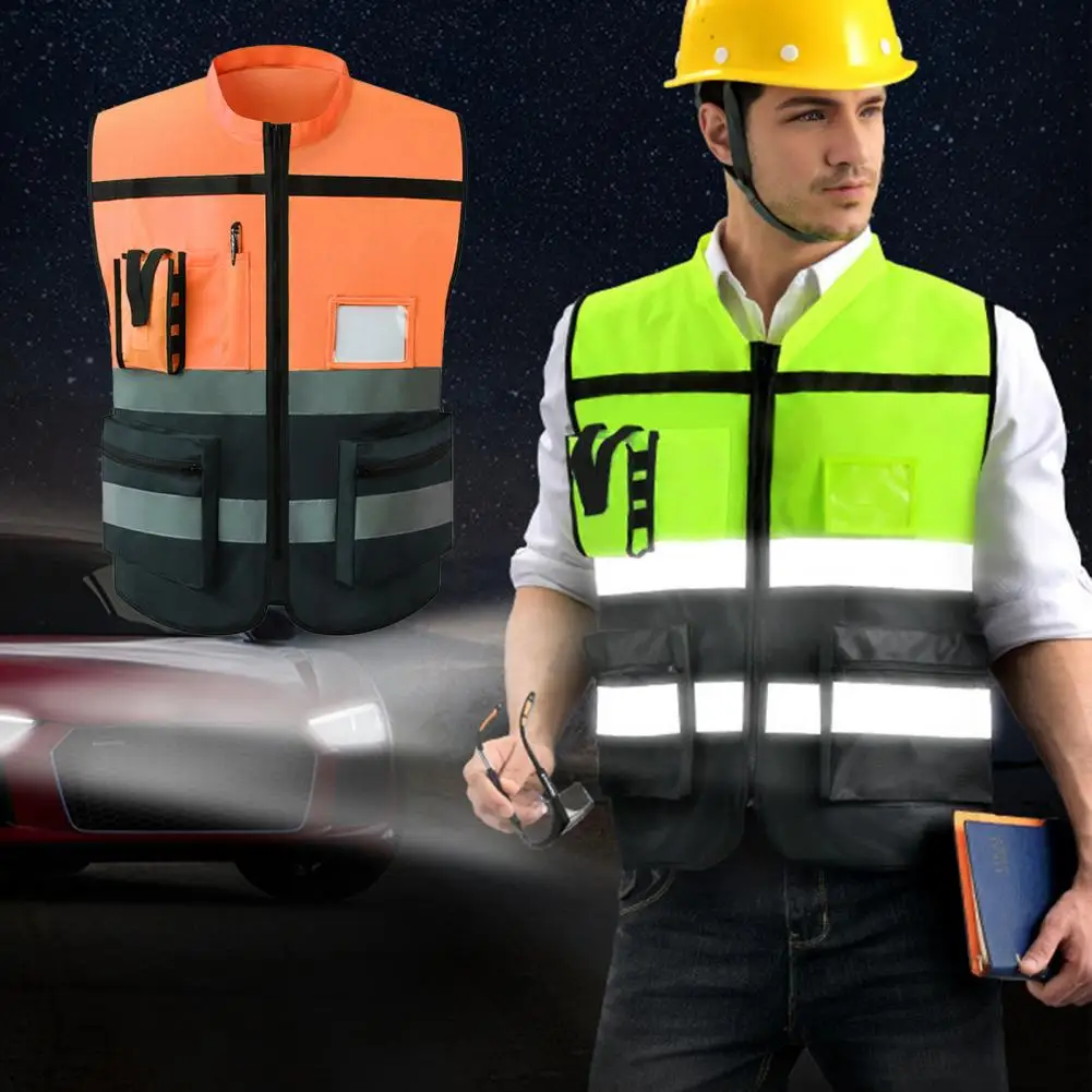 Men Women High-Visibility Vest Stand Collar Sleeveless Multi Pockets Design Waistcoat Clear ID Pocket Pen Holder Vest Coat