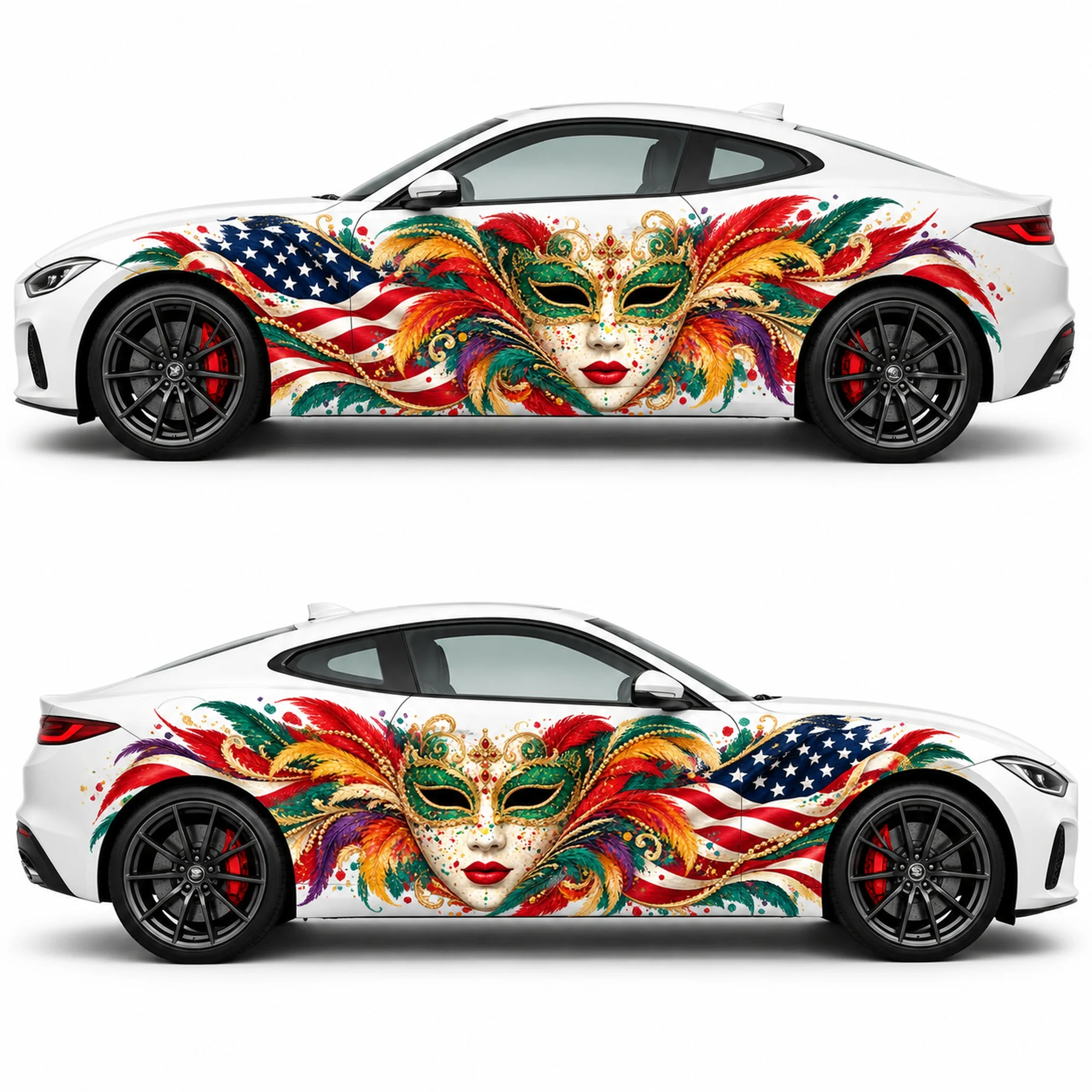 2 PCS American Flag Emerald Feather Mask Car Side Decals, Die-Cut Vinyl Sticker Set