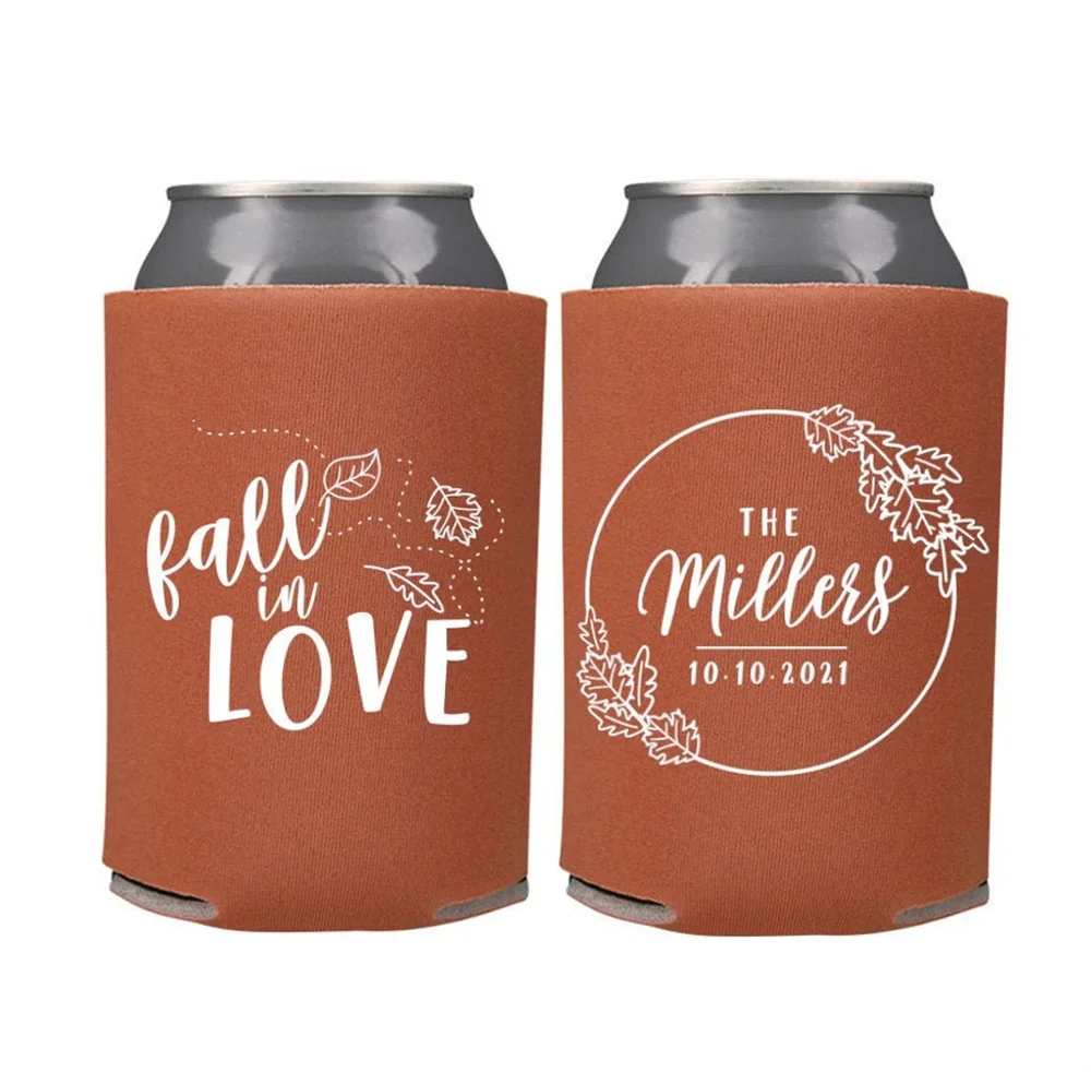 Fall Wedding Favors Personalized Fall in Love Fall Rustic Wedding Favors,Wedding Can Coolers, Beer Huggers, Fall Wedding Favor,