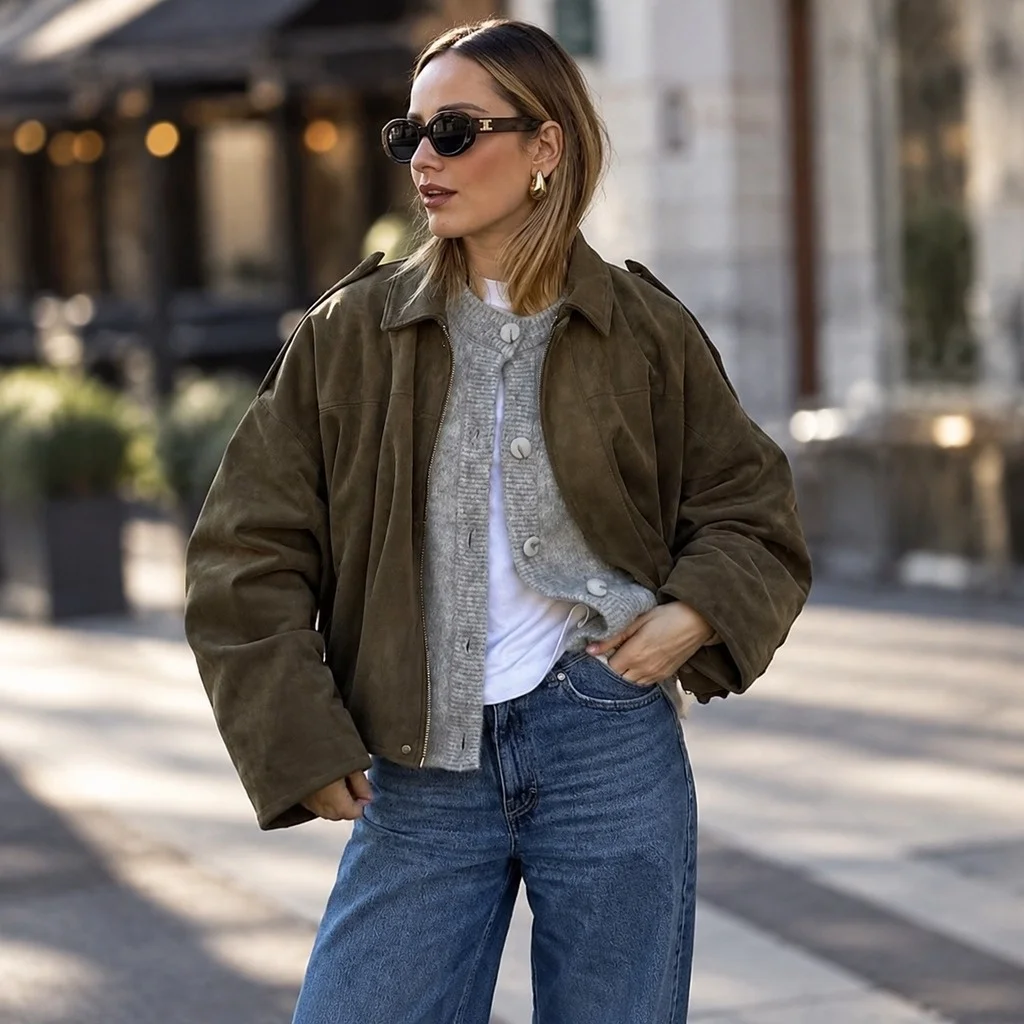 Collar Lapel 3D Effect Top Regular Fit Casual with Zipper Closure Western Style Casual Jacket Streetwear Women Bomber Jacket