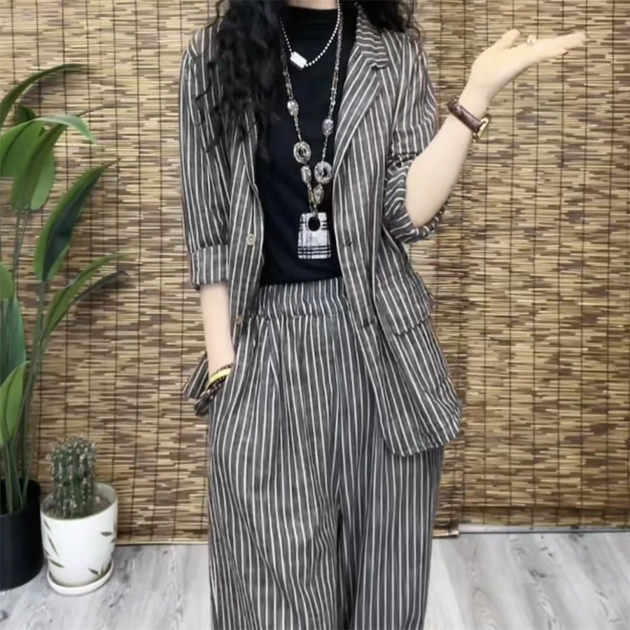 Vintage Striped Loose Tracksuits 2 Pieces Sets Oversize 4XL Suits Thin Unlined Blazer Shirts Capris Harem Pants Casual Outfits