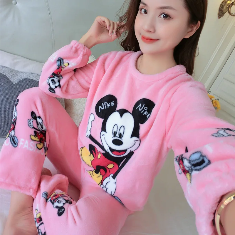 Mickey Minie Pajamas Disney Women\'s Flannel Pajamas Set Winter Coral Velvet Thickened Warm Home Clothes Pajamas Two-piece Set