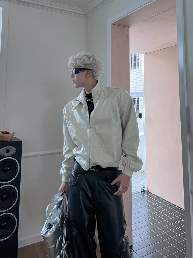 

Leather-look PU ort Jaet Men's Early Autumn Korean Sle Trendy ort Motorcycle Clothes Stand Collar Casual Outerwear