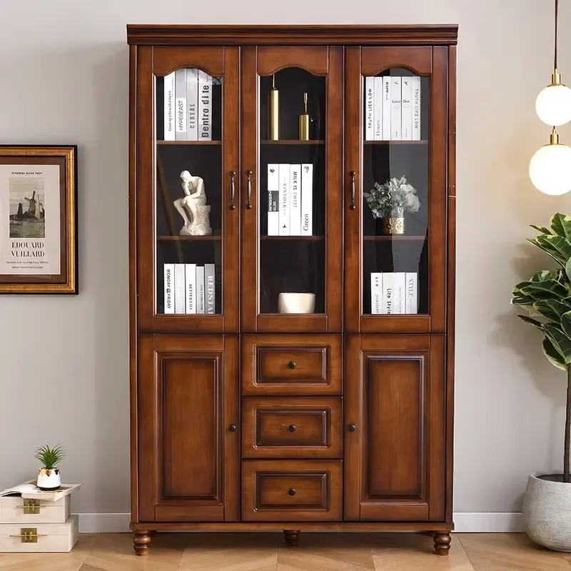 for American European Style All Solid Wood Bookcase with Glass Doors Ivory White Floor Standing Bookshelf for Living Room