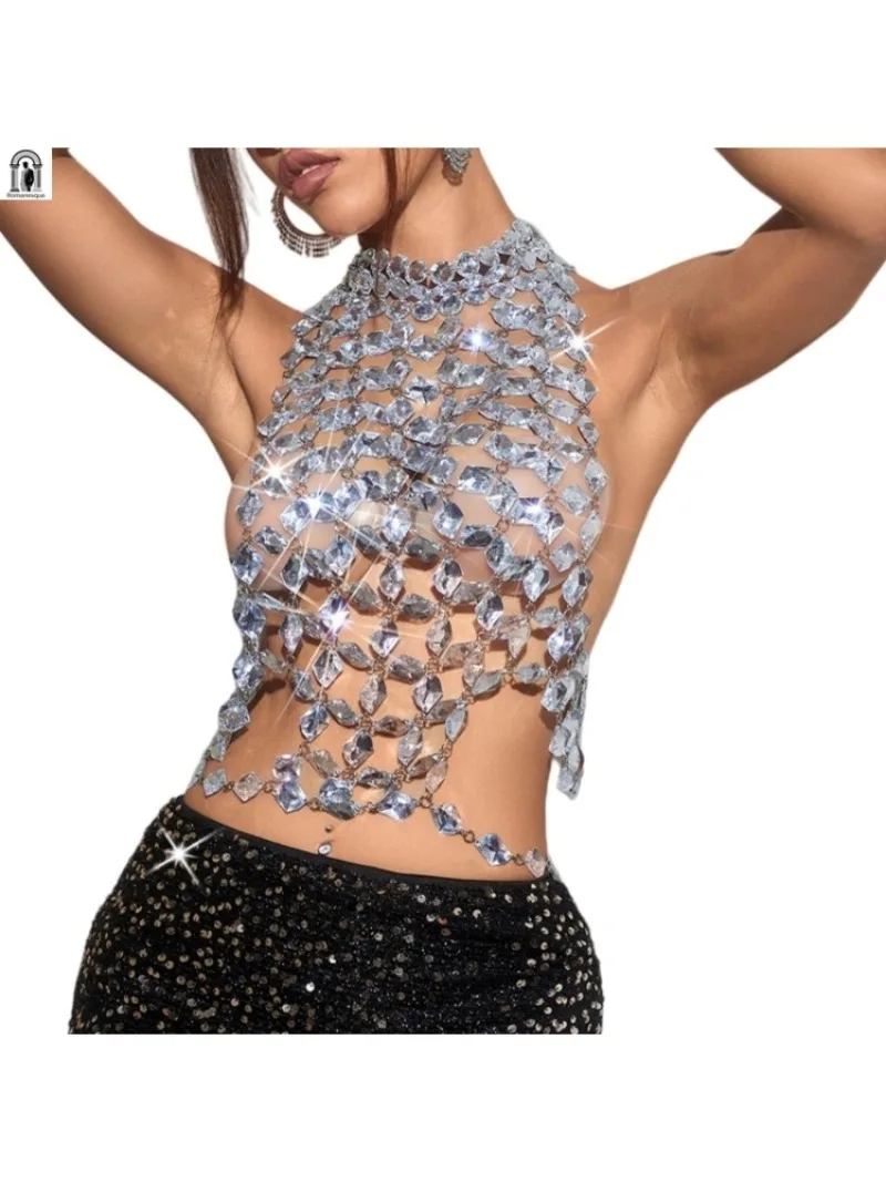 Women's Sparkly Crystal Chainmail Crop Top Backless Gemstones And Metal Chain Jewelry Body Chain For Social Gatherings