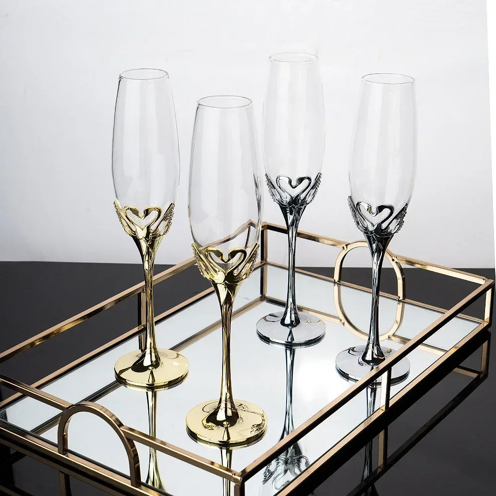 Creative Swan Crystal Cup Retro Diamond Glass Goblet Wedding Champagne Cup with Gift Box 2Pcs Toasting Champagne Flutes