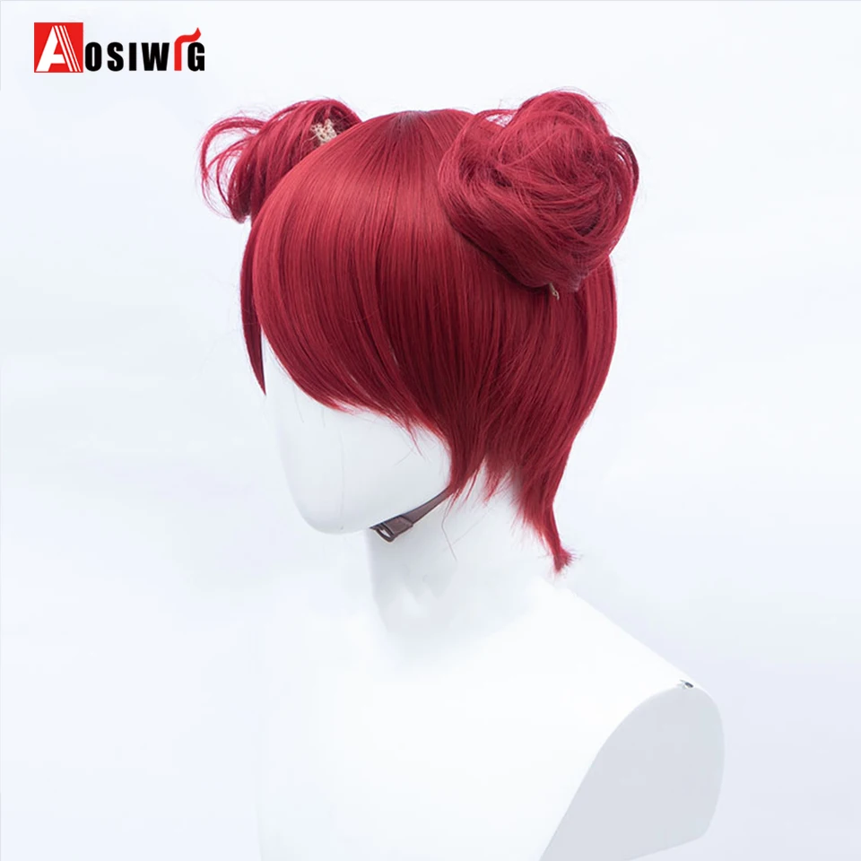 AOSIWIG Synthetic Cosplay Anime Wig with Hair Bun Short Straight Hair Pink White Blue Green Wig Women's Accessories