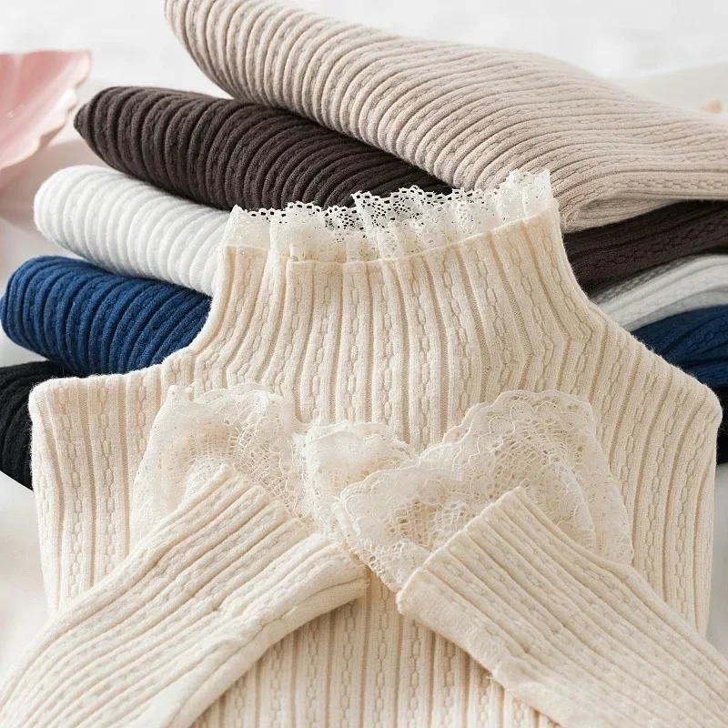 

2025 Women Pullovers Knitted Sweater Slim Mock Neck Lace Autumn Winter Thick Basic Women Sweaters Slim Fit Jumpers Top