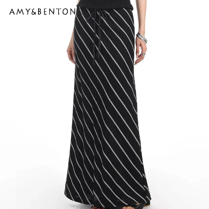 

Новая женская юбка А-силуэта с завязками и полосками, весна-лето 2026, французский дизайн, высокая талия, тонкая, универсальная, длинная