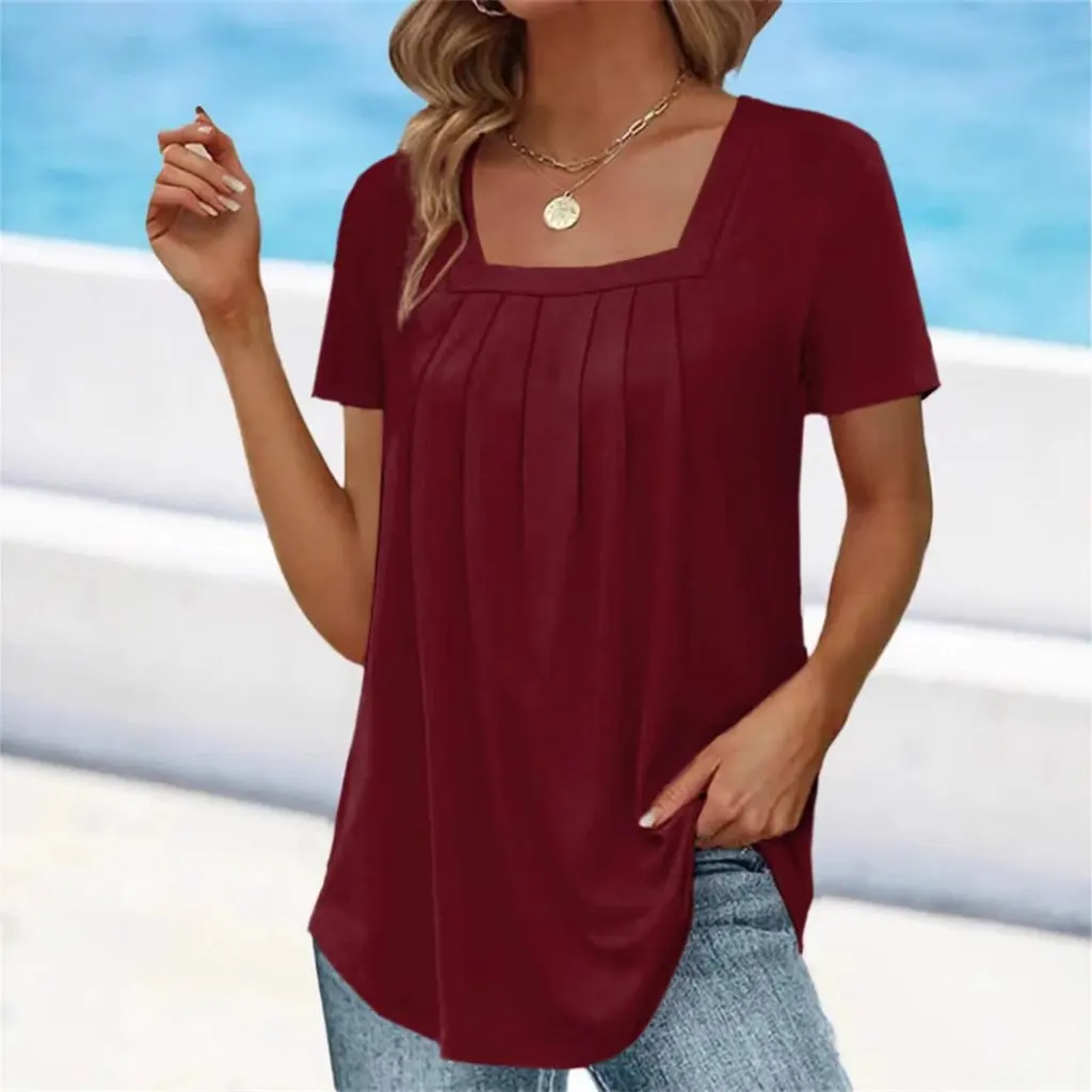 

Summer Women's Fashion Solid Color T-Shirt Casual Square Collar Pleated Short Sleeve Independent Station Top