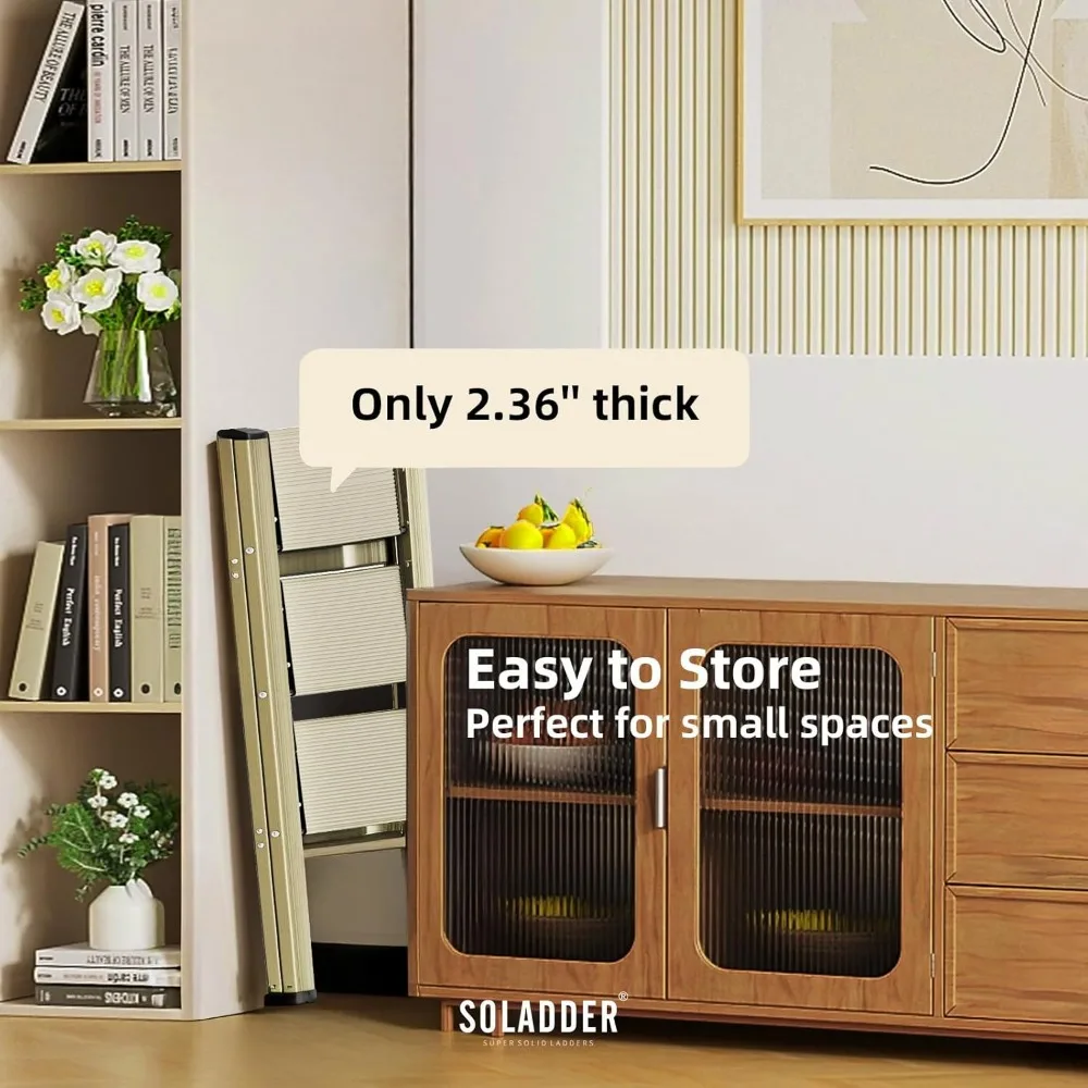 3-Stufen-Leiter, rutschfeste und leichte faltbare Trittleiter für Erwachsene und Kinder zur Verwendung in der Küche, Schrank und Bibliothek, 300 Pfund (Gold).