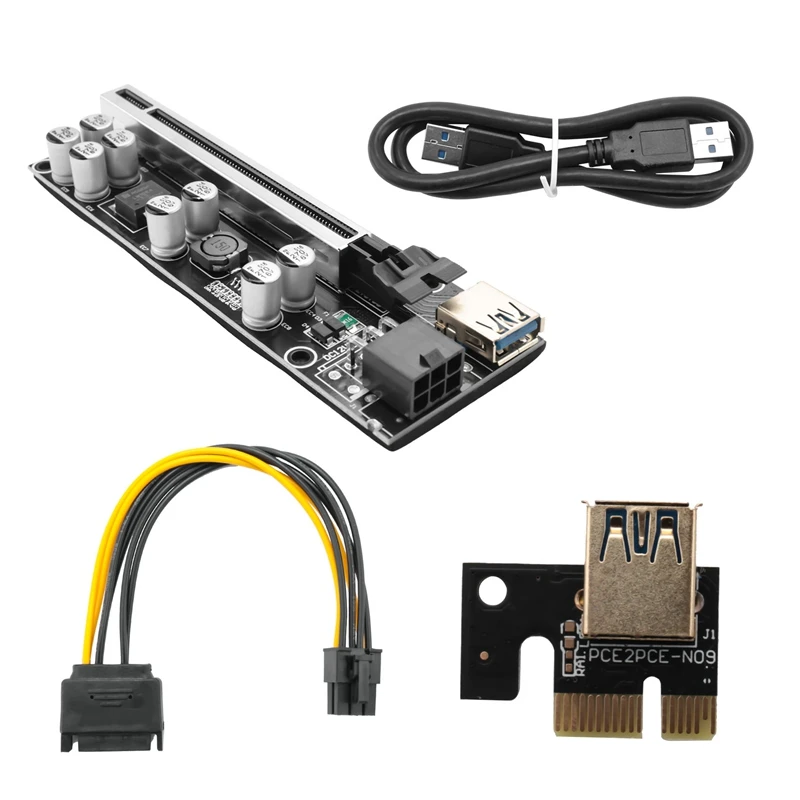 VER009S Plus PCI Express 1X To 16X Reinforce PCI-E Riser Card SATA 6Pin Power 0.6M USB 3.0 Cable For BTC LTC Mining