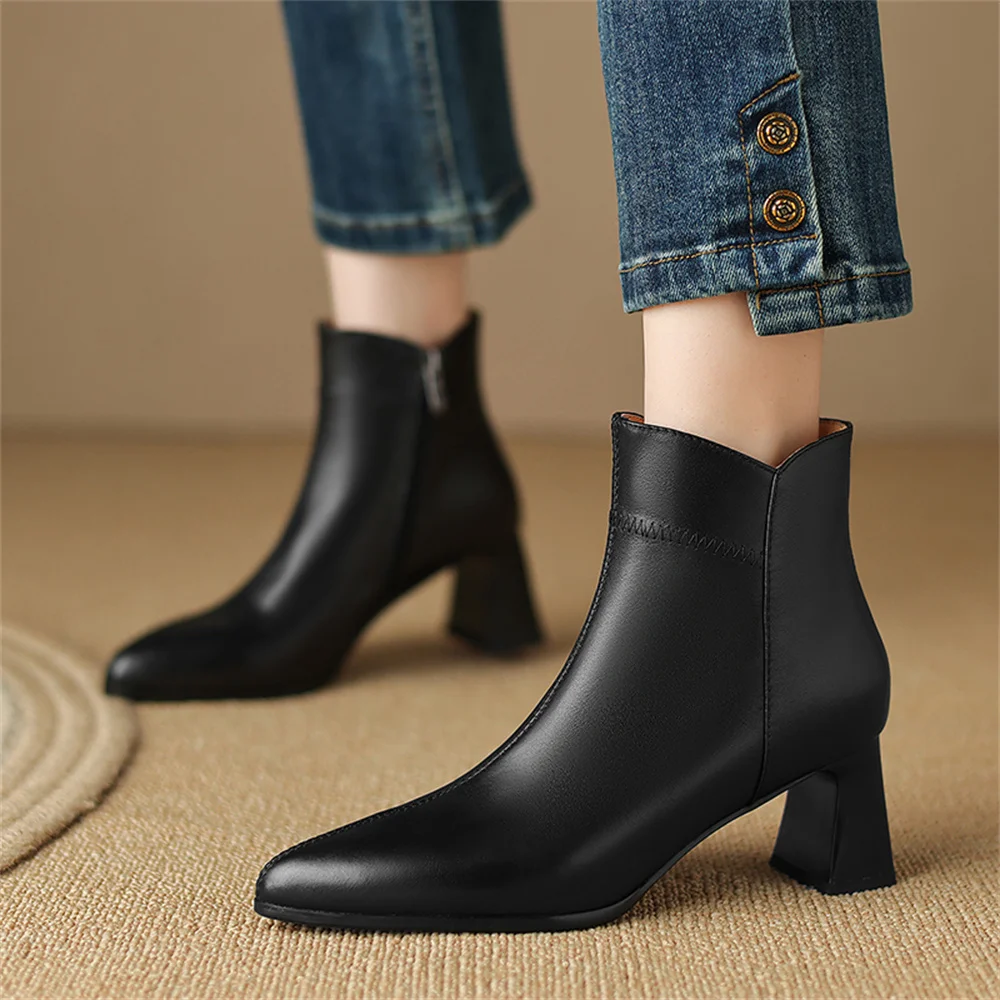 FEDONAS Genuine Leather High Heels for Autumn and Winter Women\'s Ankle Boots Pointed Toe High Heel Zipper Dresses Office Boots