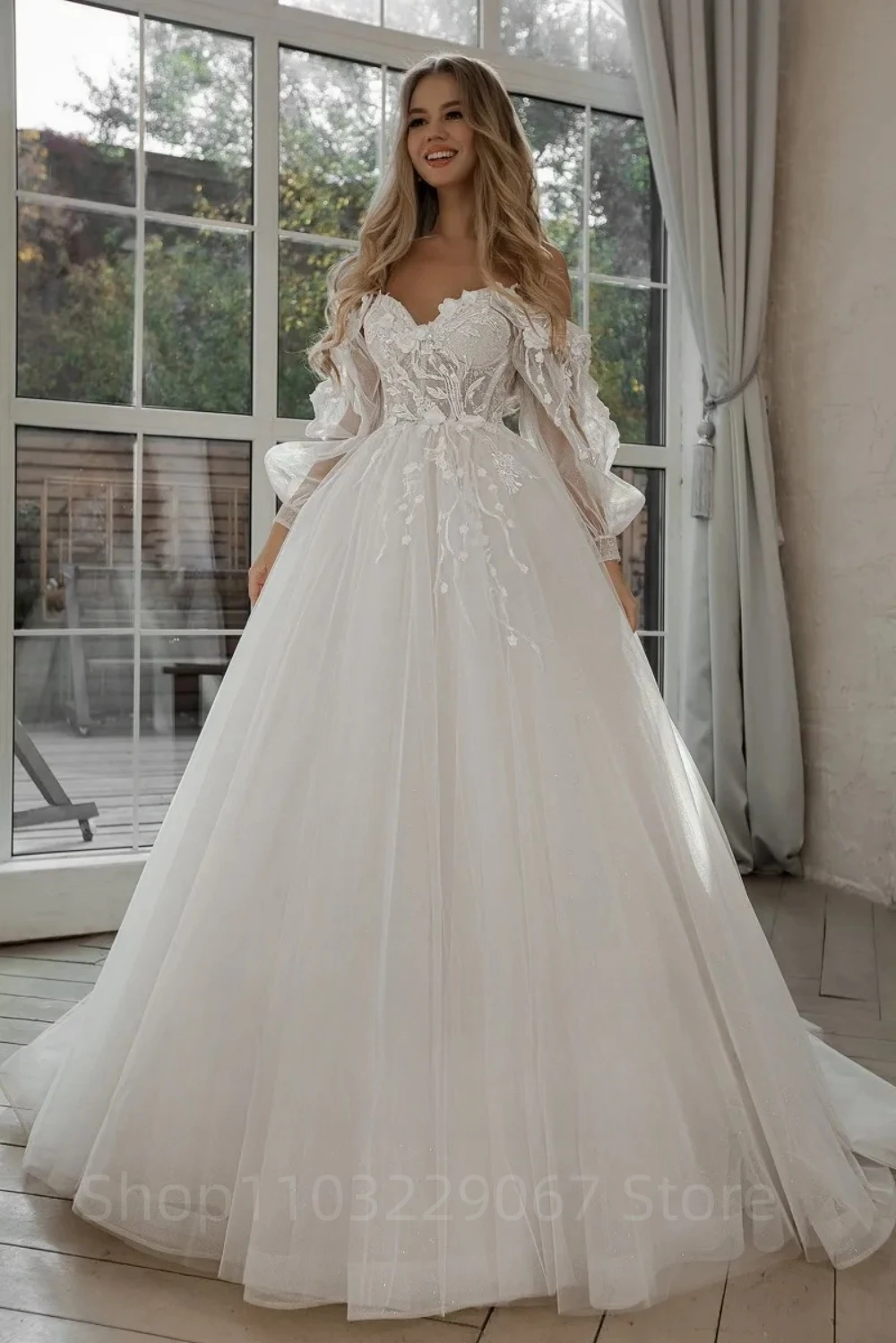 Exquisito vestido De novia largo hasta el suelo, traje De tul con mangas abullonadas y hombros descubiertos, con apliques, 2024