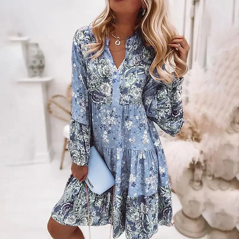 Retro Floral Print Flare Sleeve Mini Dress 2023 Spring Women Ruffle Loose Dresses Casual V Neck Beach Dress