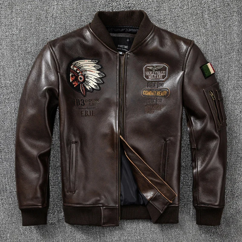 

Autumn Spring New oil wax Top Layer Cowhide baseball Jacket Men corium Flight Indian Embroidery Short Coat