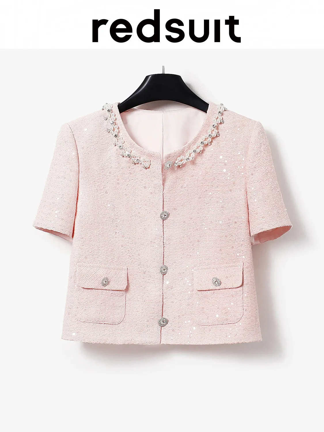New Heavy industry nail bead pink lightweight tweed jacket versatile top Custom Sizes