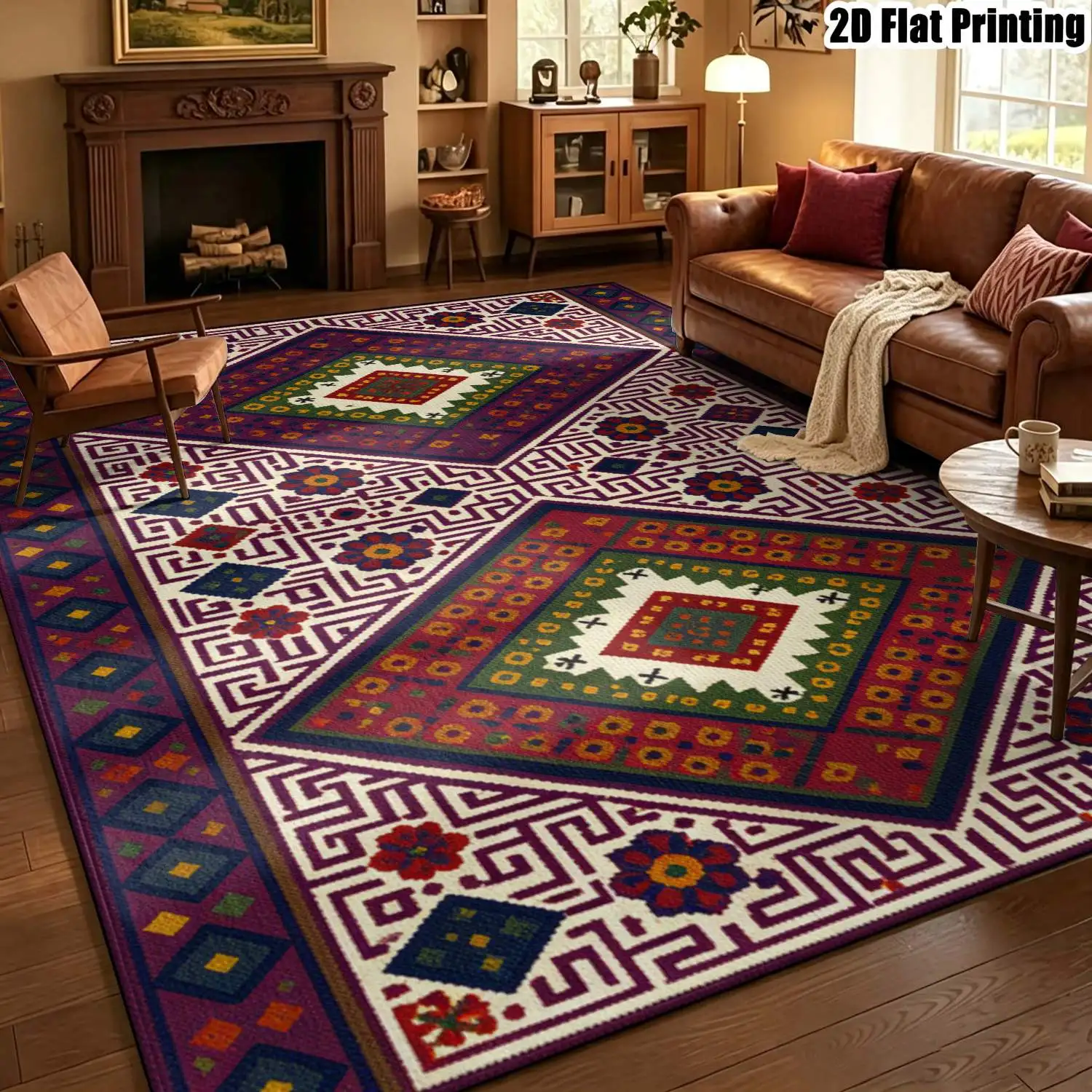 1Pc 2D Printed Retro Bohemian Geometric Vintage Carpet, Multi-Size Machine-Washable Home Decor for Entrance, Dining, Bedroom, Living Room, Study