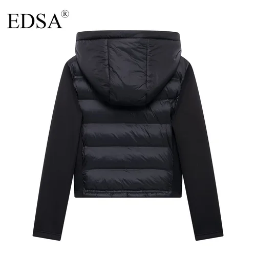 Imagen 2 del producto EDSA Chaqueta acolchada negra para mujer Capucha ajustable con tapones Cuello alto Mangas largas Bolsillos laterales Ropa de abrigo cálida para invierno