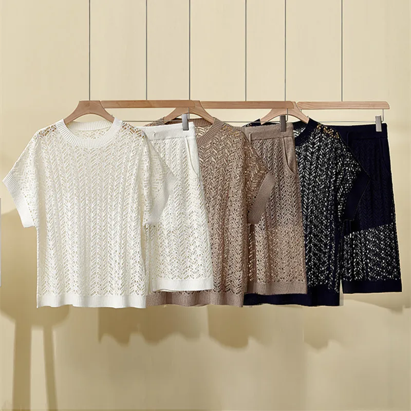 الصيف B * C المرأة الجديدة جوفاء دعوى جولة الرقبة الحرير الكتان قصيرة الأكمام أزياء السراويل غير رسمية قطعتين مجموعة