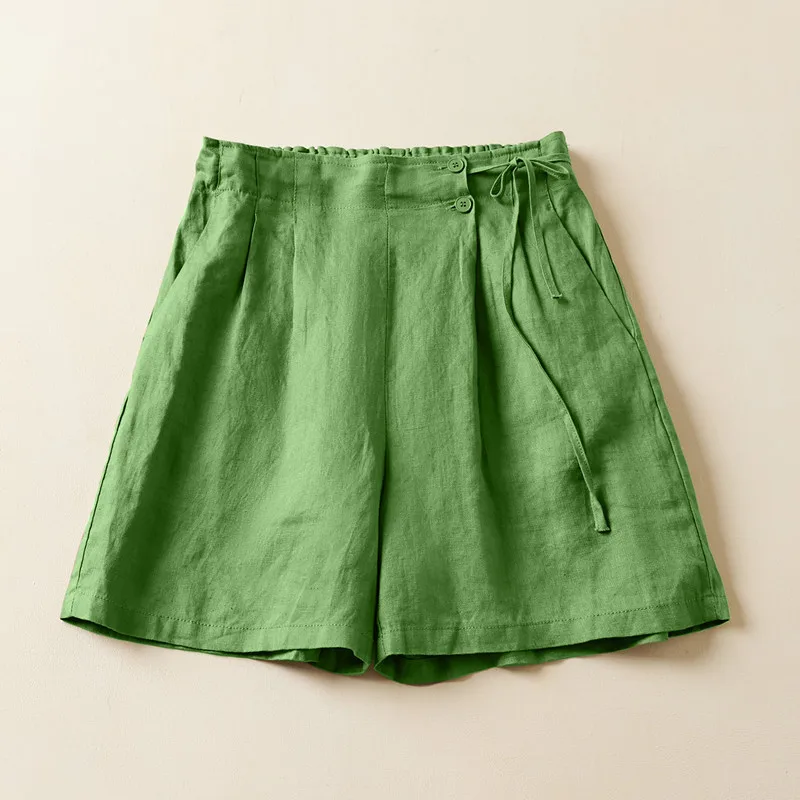Women Pure Linen High Waist Shorts Side Drawstring Double Buttons Pleated Loose Casual Wide Leg Shorts
